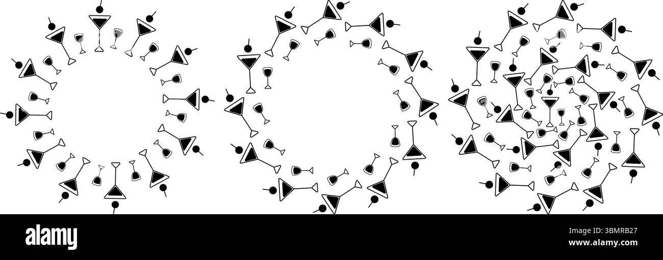 Minimalistische handgezeichnete Cocktailgläser mit kreisförmigem Rahmen und Hintergrund Kopierraum-Vorlagenset. Isolierte Vektor-Illustration Alkohol thematische Menükarten, Poster oder Banner, Broschürenposten, Etikett Stock Vektor