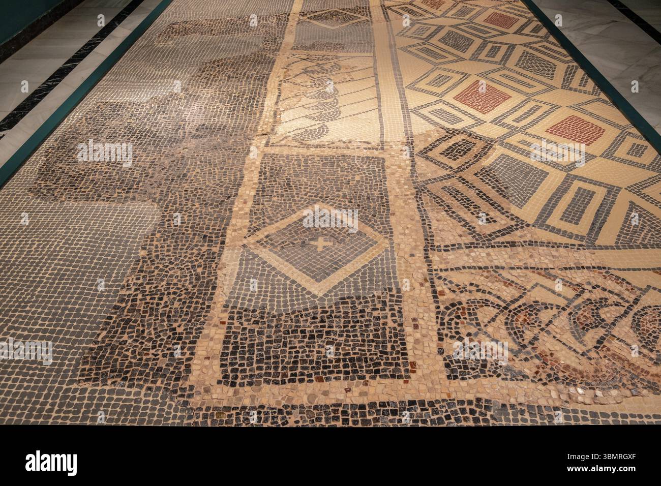 Mosaik mit geometrischer Dekoration, Opus tessellatum, 3. - 4. Jh. n. Chr., La Enramada Straße, Calahorra, Romanisierungsmuseum, Calahorra, La Rioja, Stockfoto