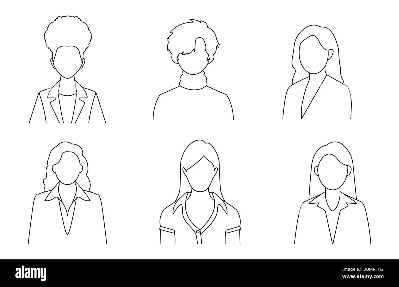 Eine Reihe von Silhouetten für Damen umreißen Vektorillustration. Eine schwarze und weiße weibliche Avatatarsammlung. Stock Vektor