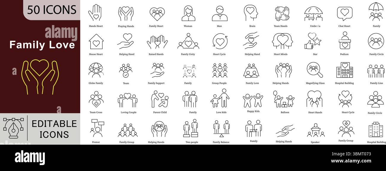 Familie Love Care Line Icons Set - 50 editierbare Vektorsymbole für Heart Relationship Unity Community Design Projekte Stock Vektor