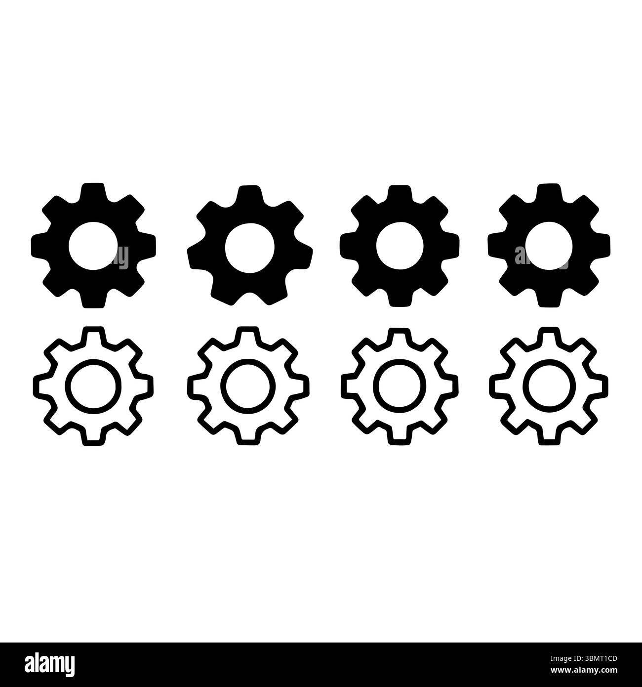 Eine Sammlung verschiedener Zahnradsymbole in klassischem Schwarz-weiß-Farbschema Stock Vektor