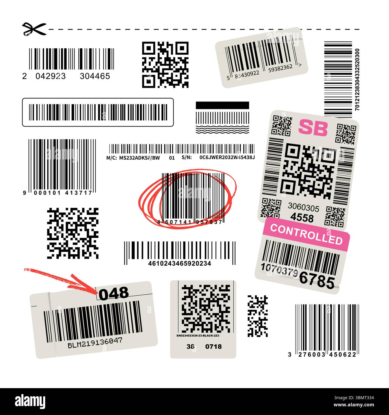 Satz fiktiver Barcodes, QR-Codes und handgezeichneter Kritzeleien, isoliert auf weiß. Dekorative Vektor-Designelemente für Poster, Verpackungsmockups, Techwear-Grafiken, brutalistische und urbane Design-Projekte. Vektor-EPS10-Grafiken. Stock Vektor