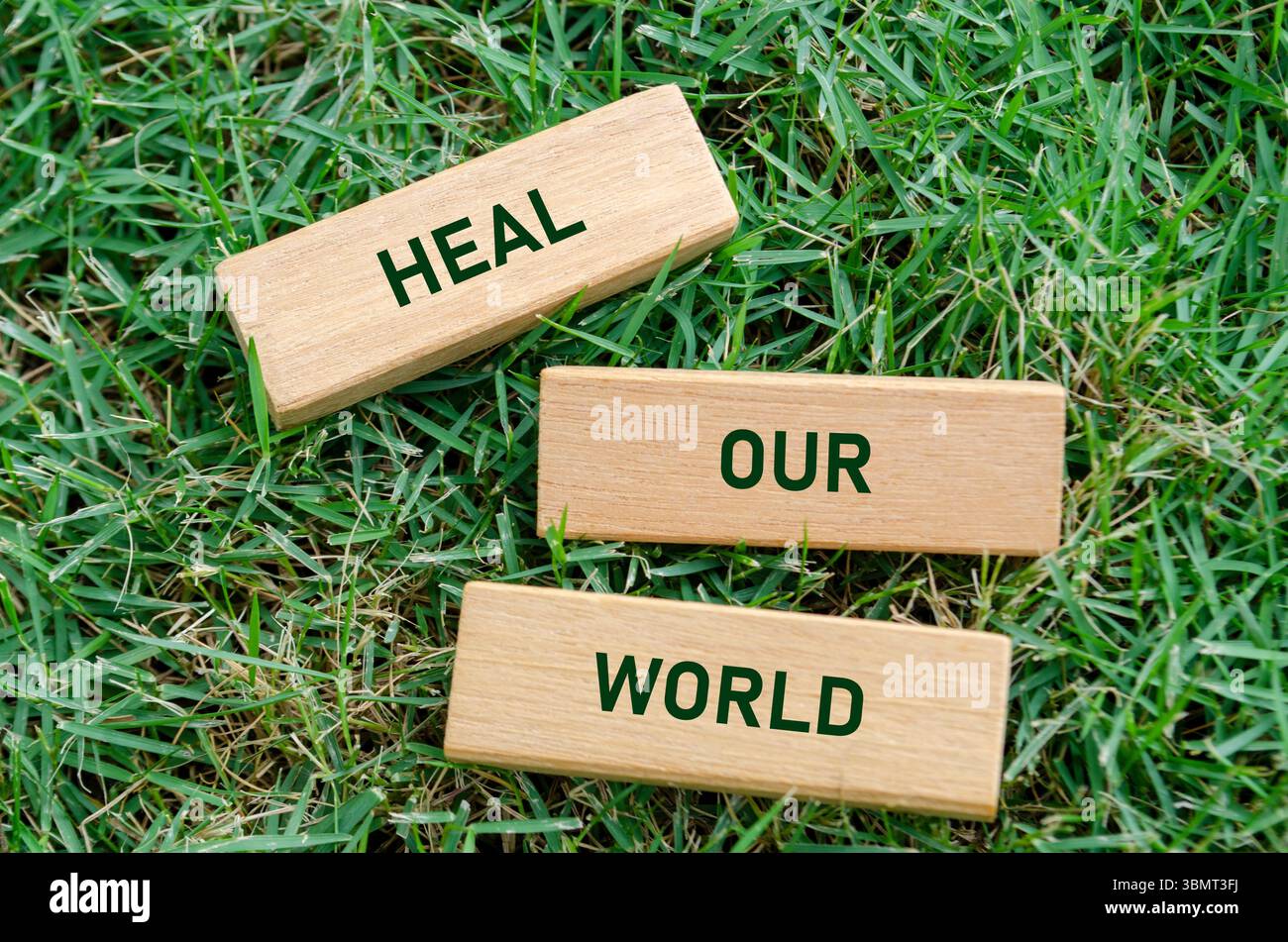 Heilen Sie unsere Welt Text auf Holzblöcken, symbolisiert eine hoffnungsvolle Botschaft zur Wiederherstellung des Umweltgleichgewichts. Erdrückgewinnungskonzept. Stockfoto