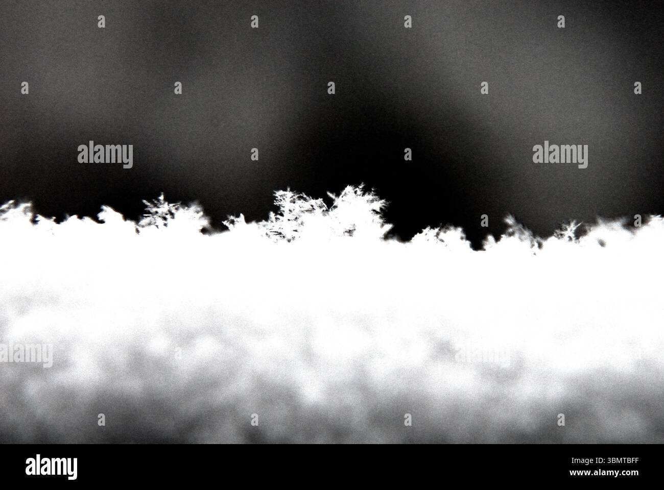 Ein abstraktes Schwarzweiß-Makrofoto von echten Schneeflocken und Eiskristallen auf einer Schneedecke. Stockfoto
