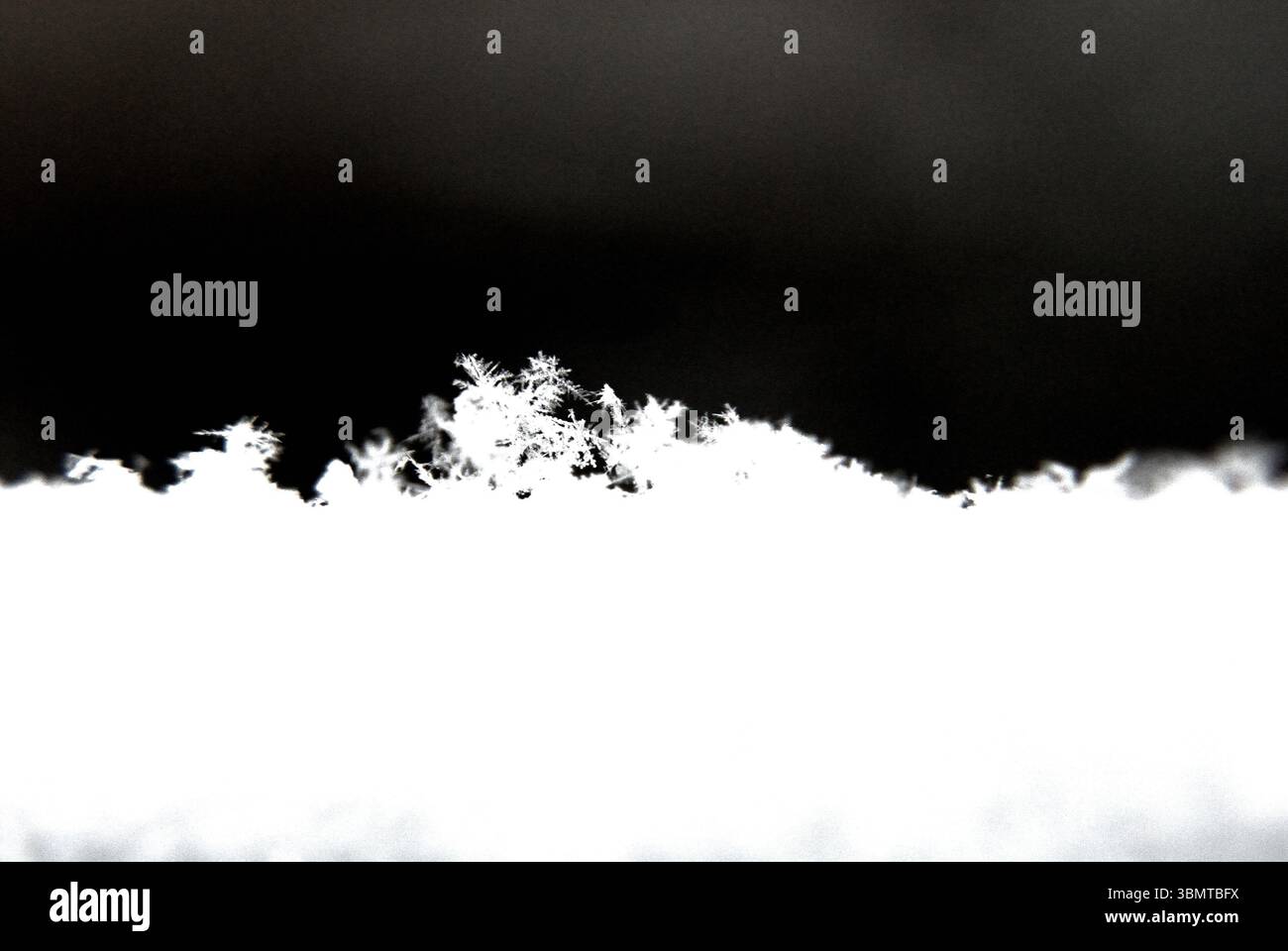 Ein abstraktes Schwarzweiß-Makrofoto von echten Schneeflocken und Eiskristallen auf einer Schneedecke. Stockfoto