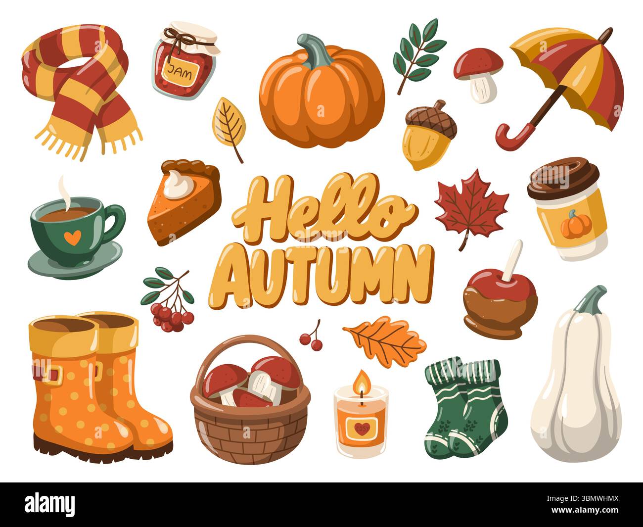 Hallo Herbstset. Vektor-isolierte Illustrationen von gemütlichem Herbst und saisonalen Objekten auf weißem Hintergrund Stock Vektor