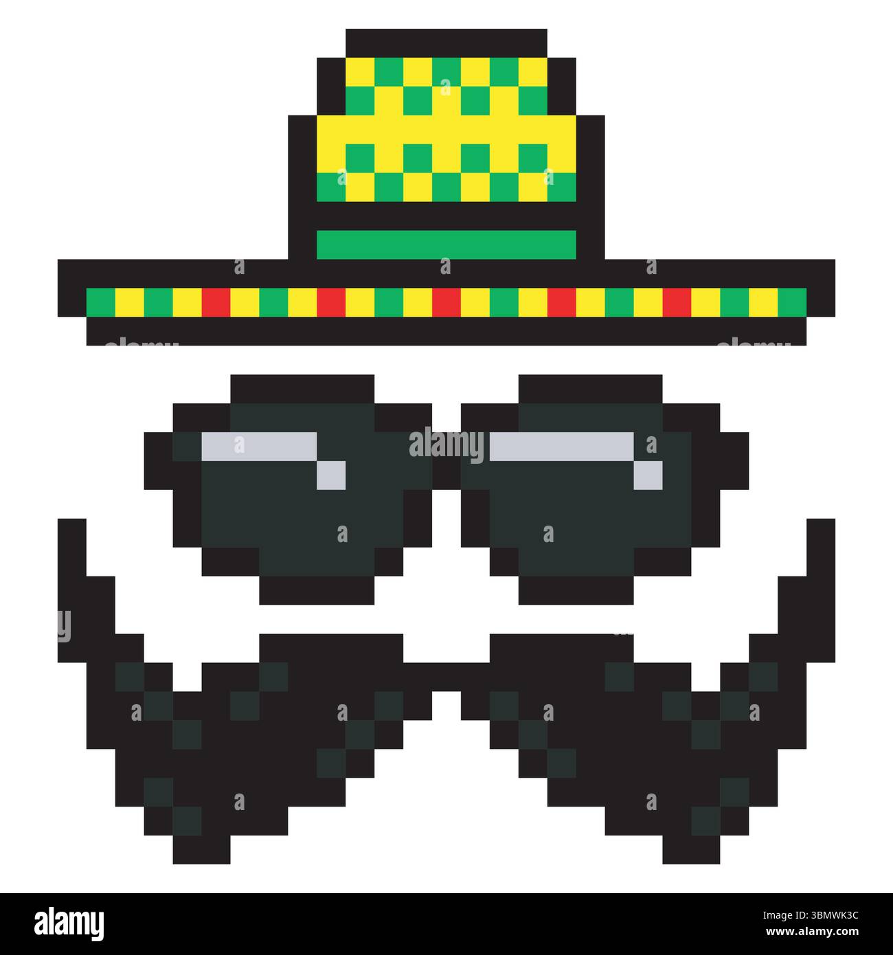 Pixelart Schnurrbart und Sonnenbrille Sombrero Hut Stock Vektor