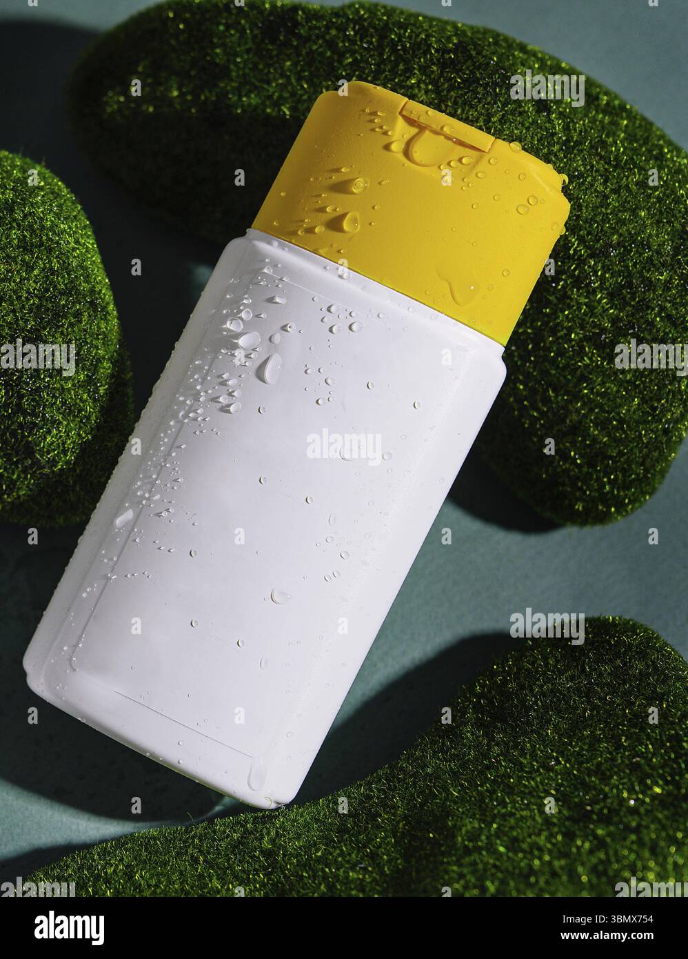 Stillleben von Lebensmitteln, Shampoo oder Seife mit Zusatz eines Bestandteils von Waldmoos Stockfoto