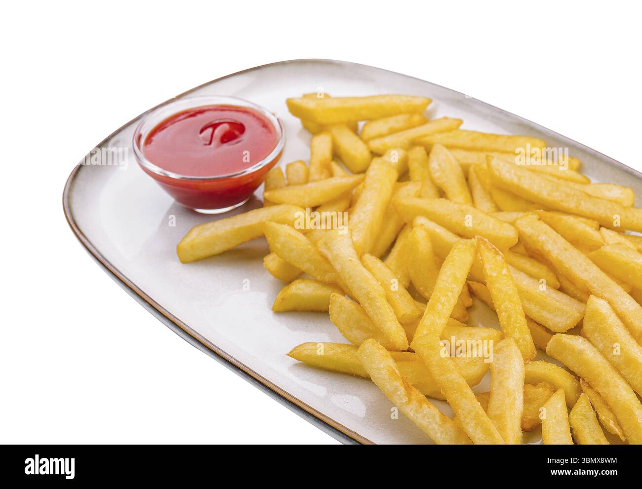 Food Stillleben, knusprige Pommes frites mit Ketchup zum Verzehr Stockfoto
