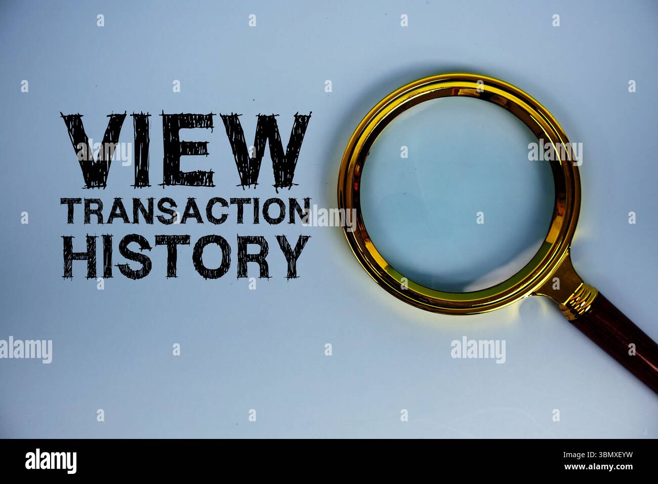 Anzeigen von Transaktionshistorie-Text mit Vergrößerungsglas auf blauem Hintergrund Stockfoto