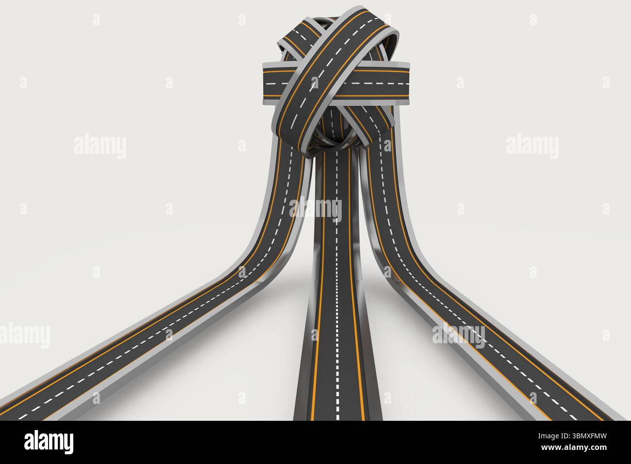 Asphaltbänder mit gestrichelten Mittelpunkten und gelben Kanten werden in flachem Design zu einem komplizierten Knoten gewebt Stockfoto