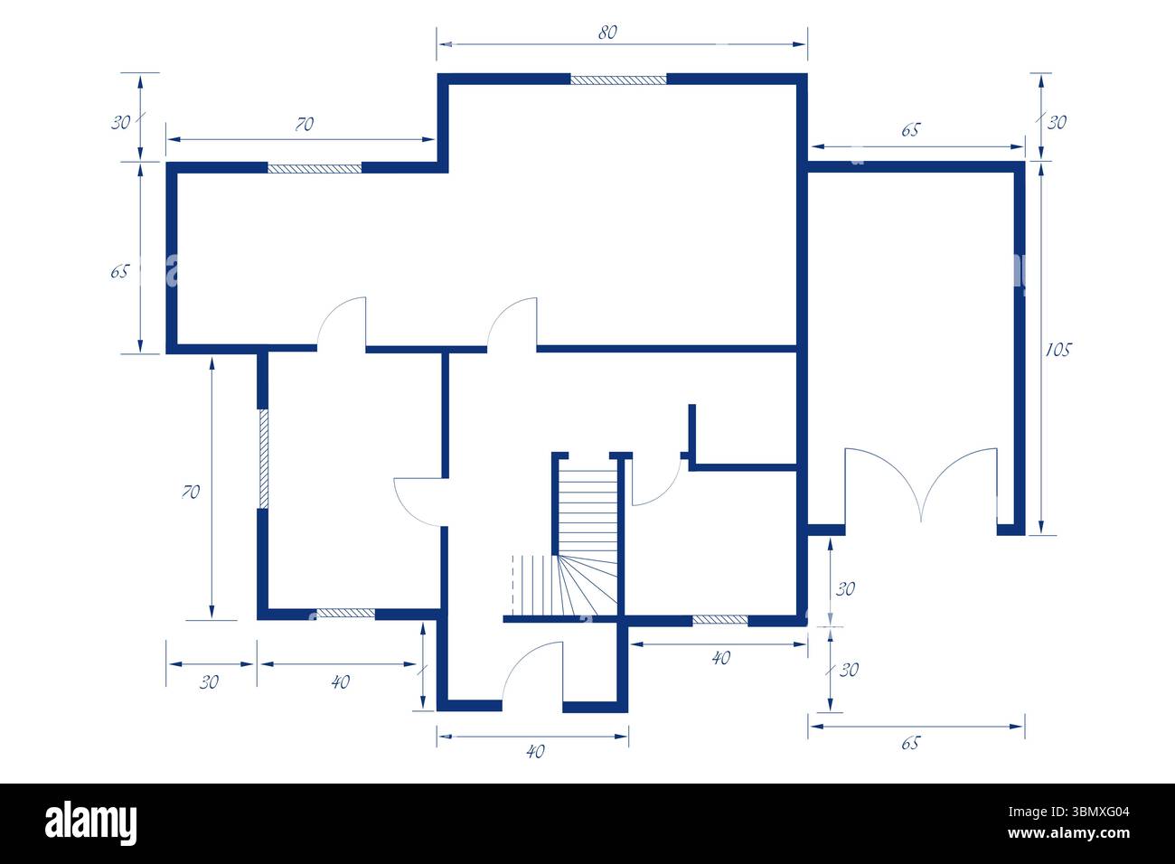 Der Grundriss zeigt ein flaches Design mit blauen Wänden, Türbögen, Treppen und Abmessungen des Kopierraums Stockfoto