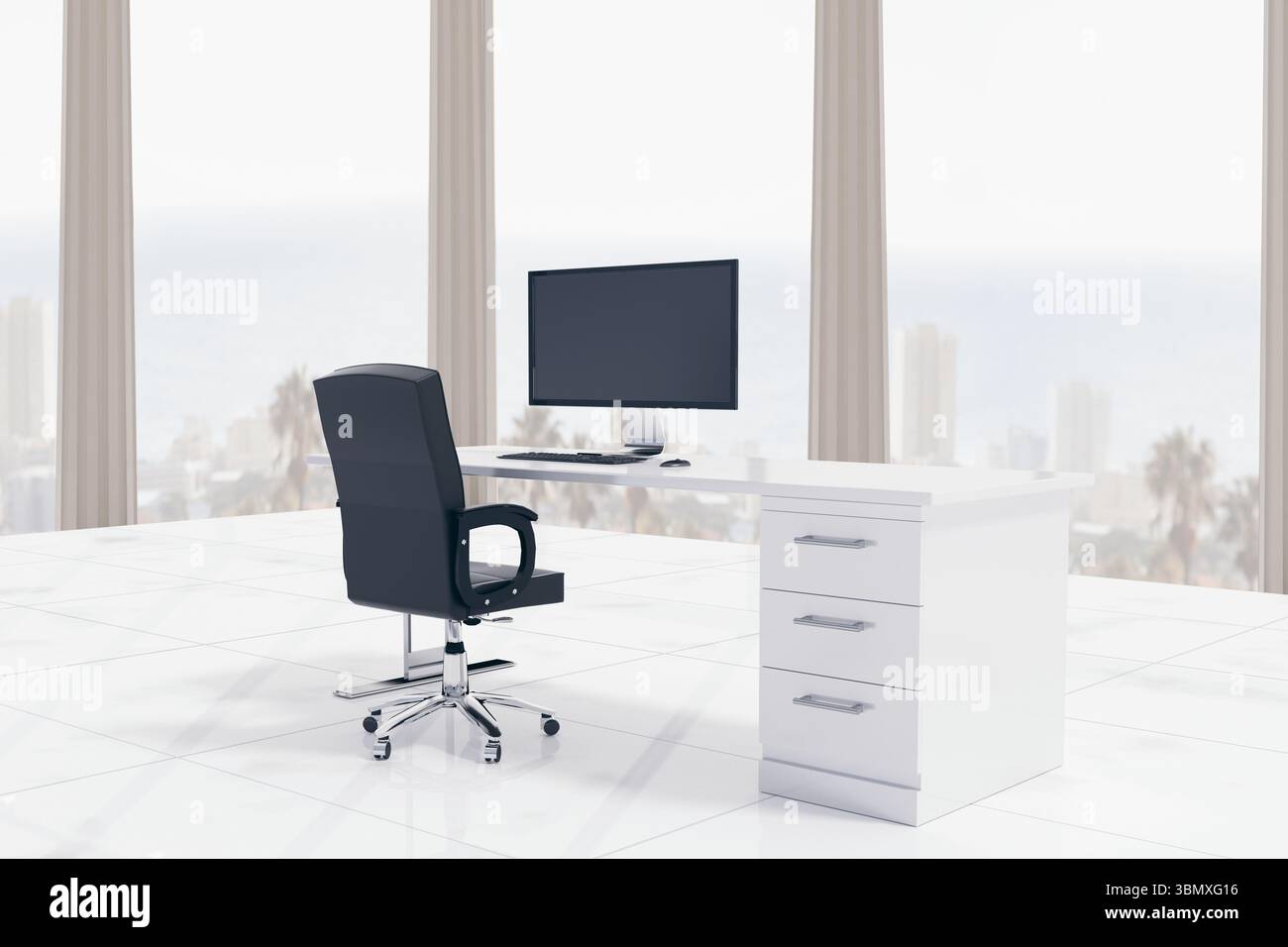 Das flache Design-Büro zeigt einen weißen Schreibtisch mit Monitor und schwarzen Drehstuhl mit Blick auf die Küste Stockfoto