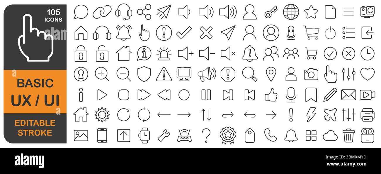 Basic UX UI bearbeitbare Konturlinien-Symbole festgelegt. Schlanke Benutzeroberfläche Websymbol, Website, mobile App, lineare Symbolsammlung. Vektorabbildungsbild Stock Vektor