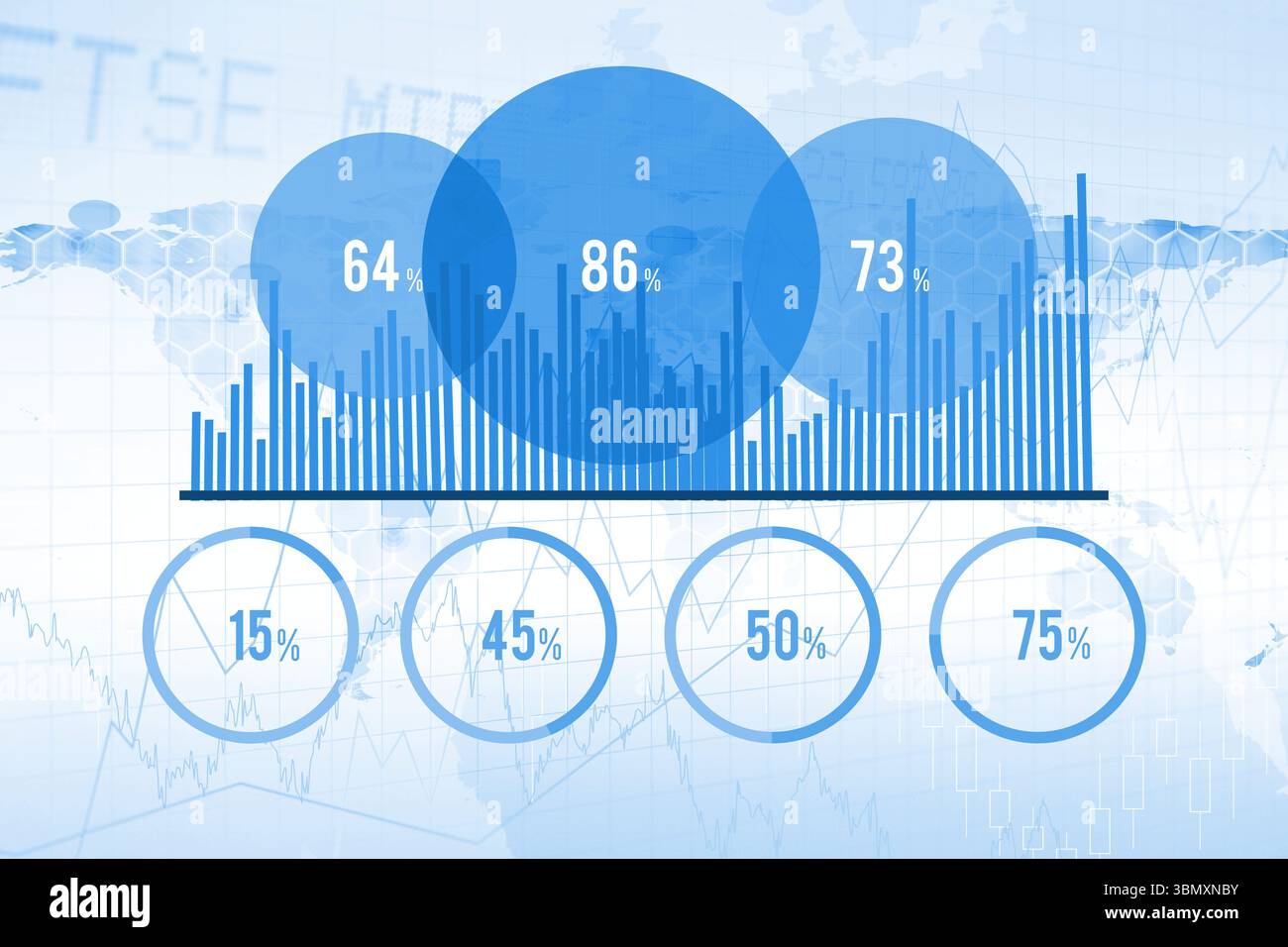 Die Infografik mit flachen Konstruktionsdaten zeigt sich überlappende blaue Kreise, Balken und Ringe auf der Weltkarte Stockfoto