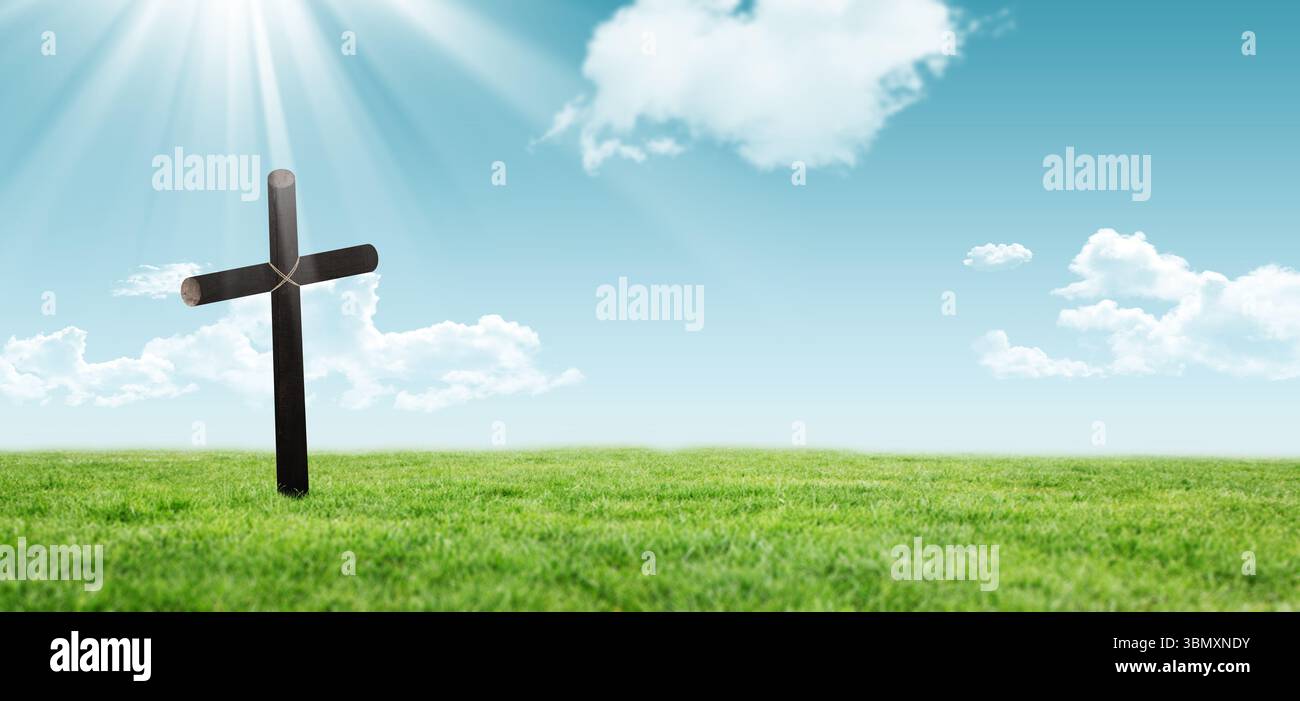 Flaches Vektor-Holzkreuz, das auf einer üppigen Wiese steht, Sonnenlicht strömt durch Wolken Stockfoto