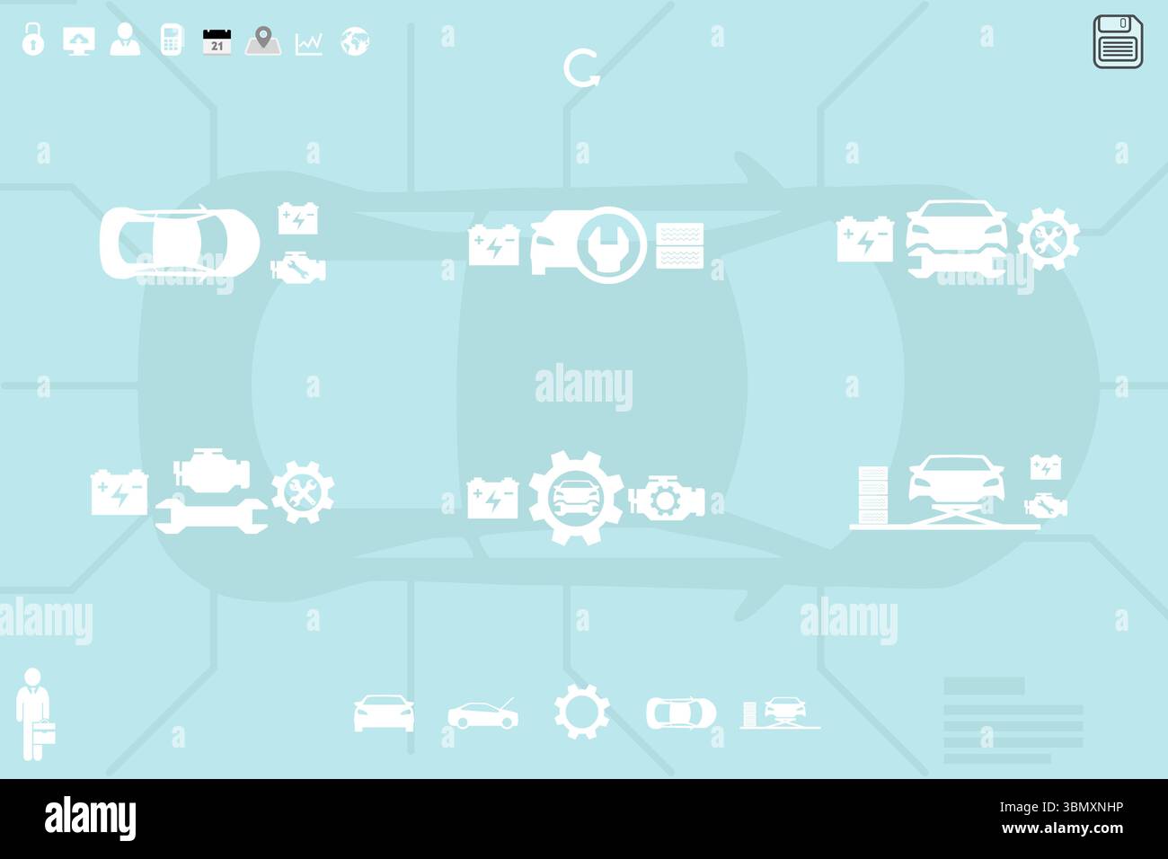 Zeigt die Silhouette des Top-Down-Autos auf blaugrün an und verrät Links zu flachen Symbolen wie Benutzer und Karte Stockfoto