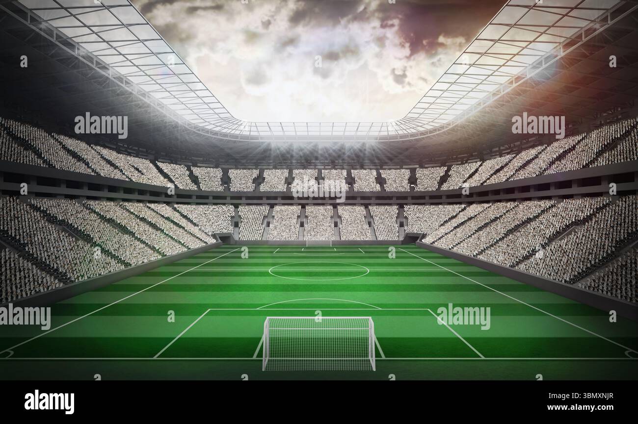 Das Fußballstadion wird in flachem Design mit weißem Torpfosten, gestreiftem Spielfeld und gestuften Ständen gezeigt Stockfoto