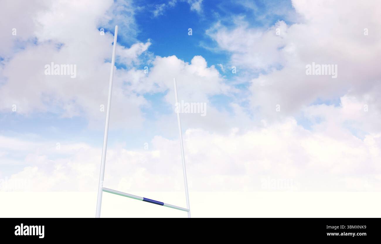 Hohe weiße Torpfosten stehen auf dem Sportplatz unter hellem, teilweise bewölktem Himmel in flachem Design Stockfoto