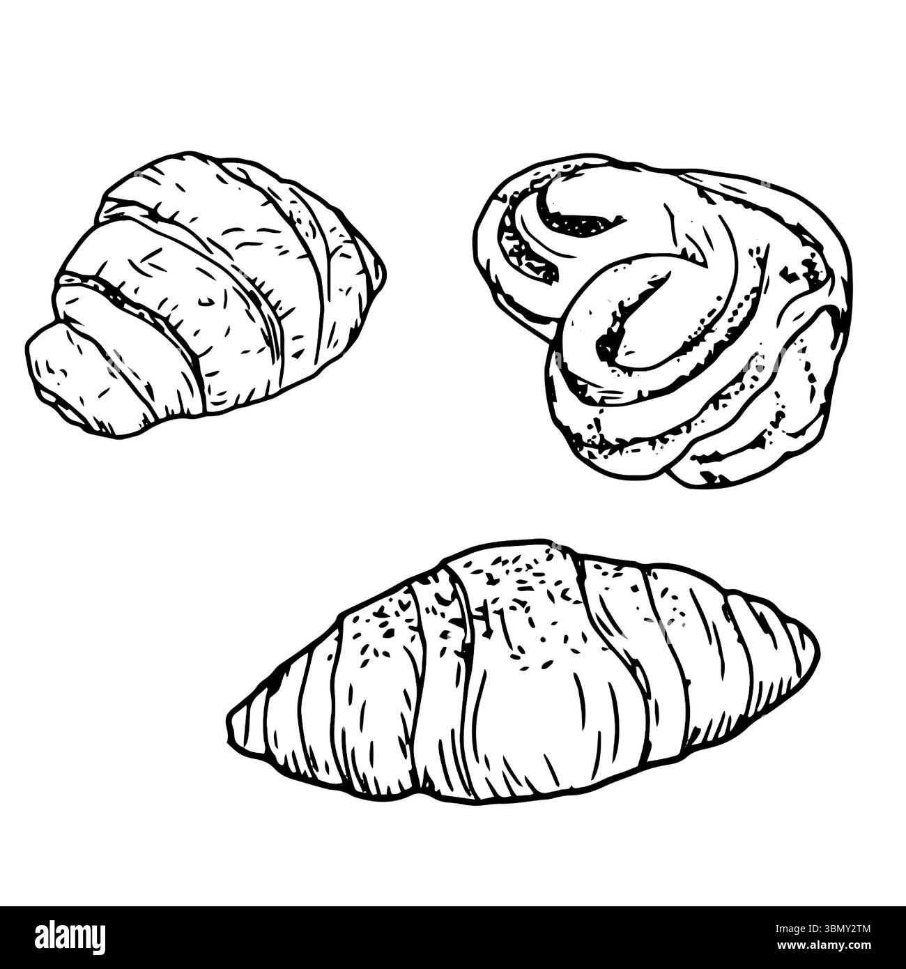 Köstliches Gebäck, süße Brötchen und Croissants, ein Brötchen mit Mohn und Zucker, Skizzen mit schwarzer und weißer Tinte. Vektorabbildung. Bäckerei und Pastor Stock Vektor