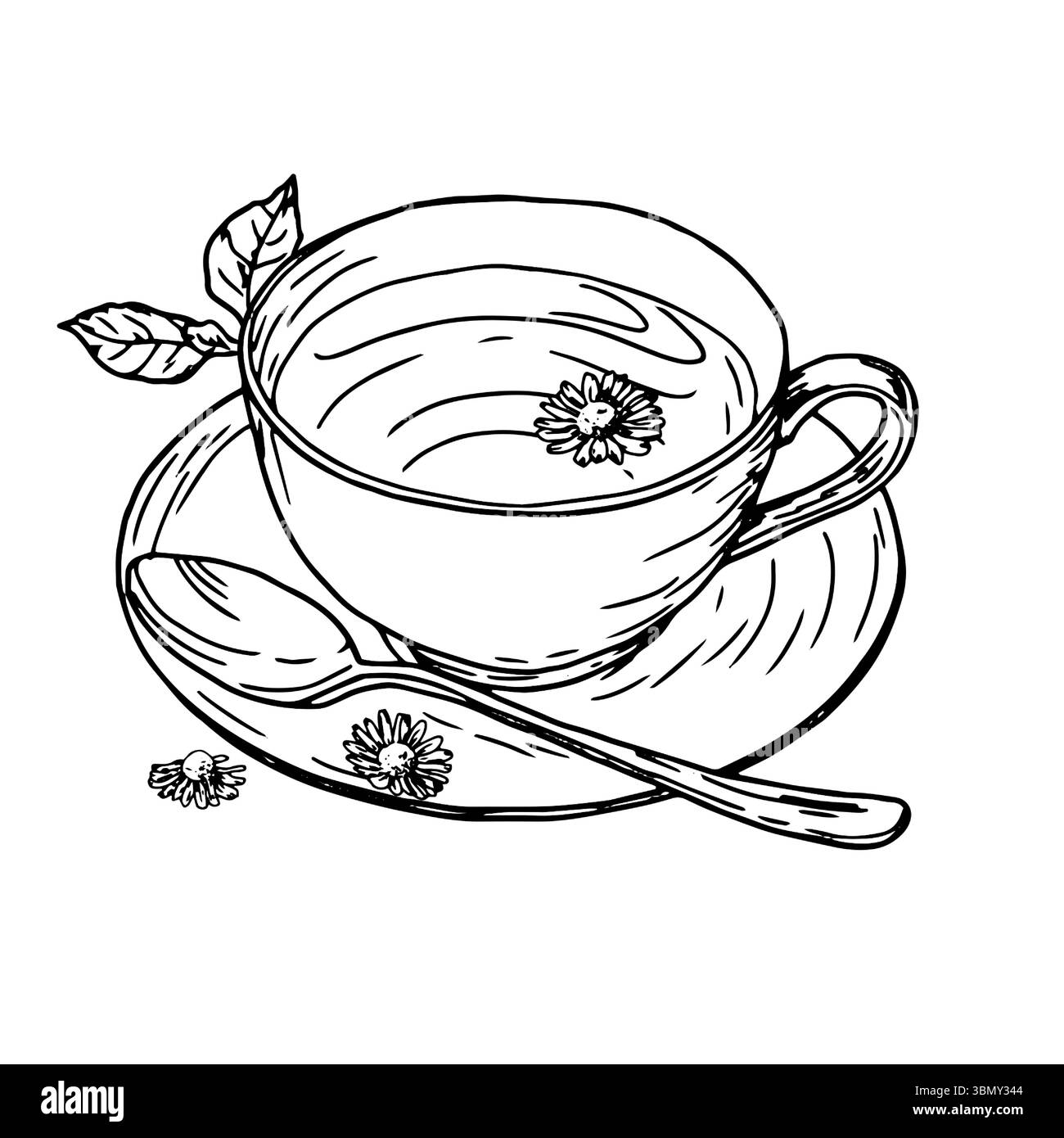 Eine Tasse Tee auf einer Untertasse mit einem Löffel. Vektorabbildung. Kamillentee, Blätter und Blumen auf einer Untertasse, isoliert auf weißem Hintergrund. Teepartys Stock Vektor