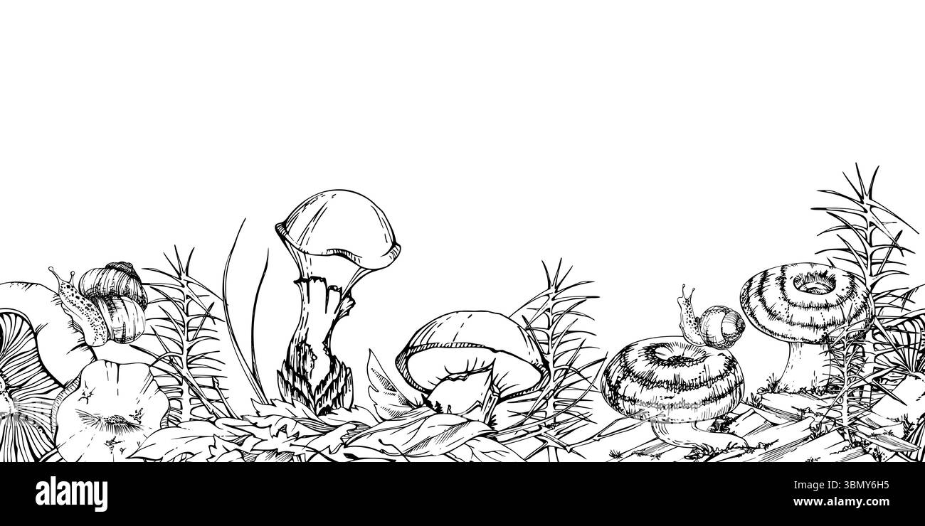 Milchkappen-Russula suillus Lärchenbolete rutschige Jack-Pilze, Schnecke auf Kappe, Schachtelhalm auf Rinde mit Moosflechten. Nahtloser Bannerheader Stock Vektor