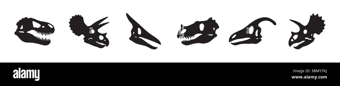 Satz von Dinosaurier-Schädel-Silhouetten in schwarzer Farbe, isoliert auf weißem Hintergrund, grafische Illustration. Konzept der prähistorischen Skelettsammlung, anci Stock Vektor