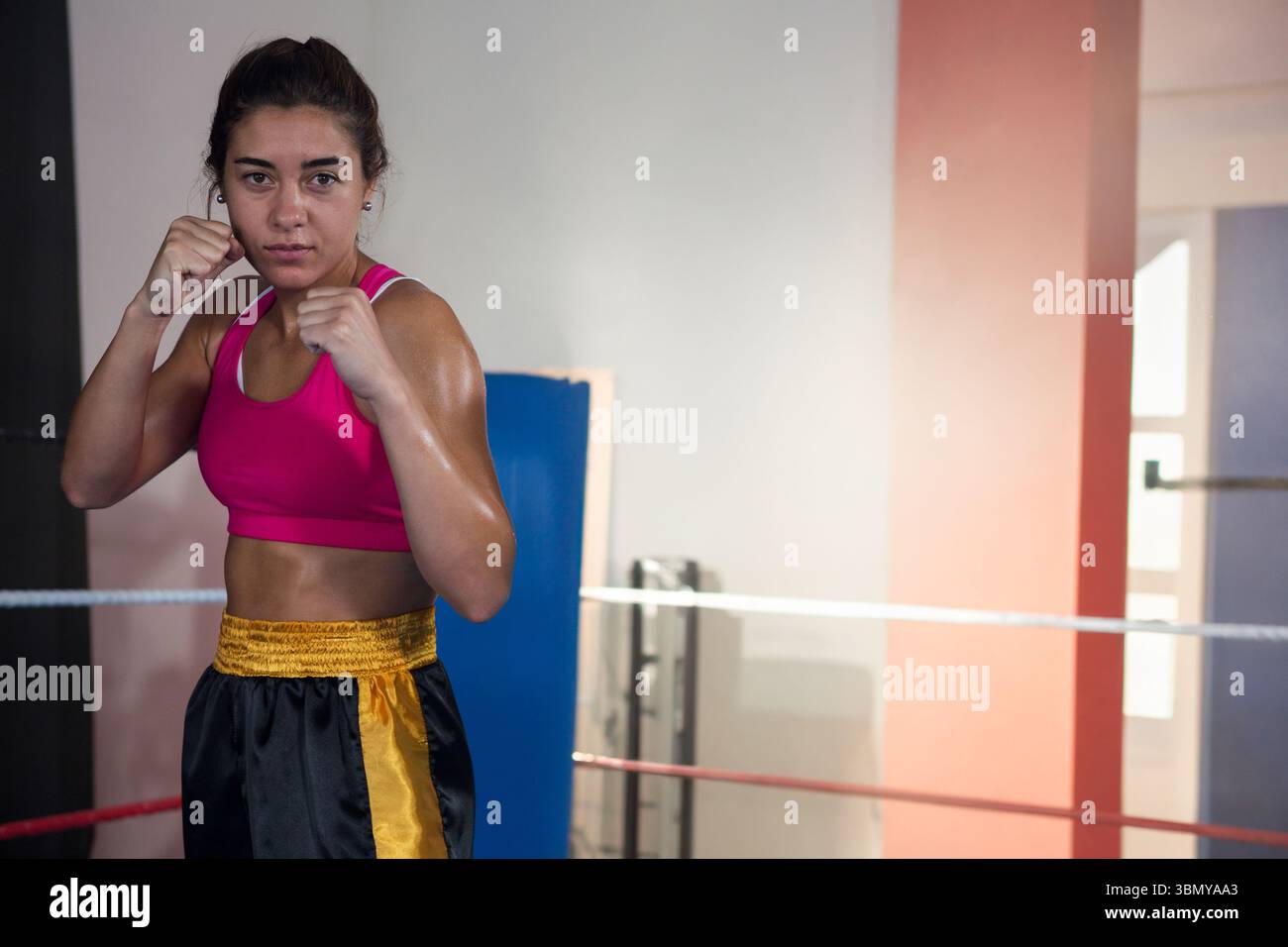 Weibliche Athletin, die im Boxring steht und die Fäuste in rosa Sport-BH-schwarzen Shorts hochhebt Stockfoto