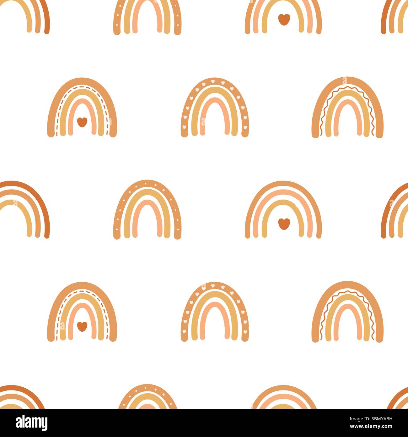 Verspielte orangefarbene Regenbögen mit Herzen und Mustern auf weißem Hintergrund in nahtlosem Layout für Kinder- und Kinderzimmer-Projekte Stock Vektor