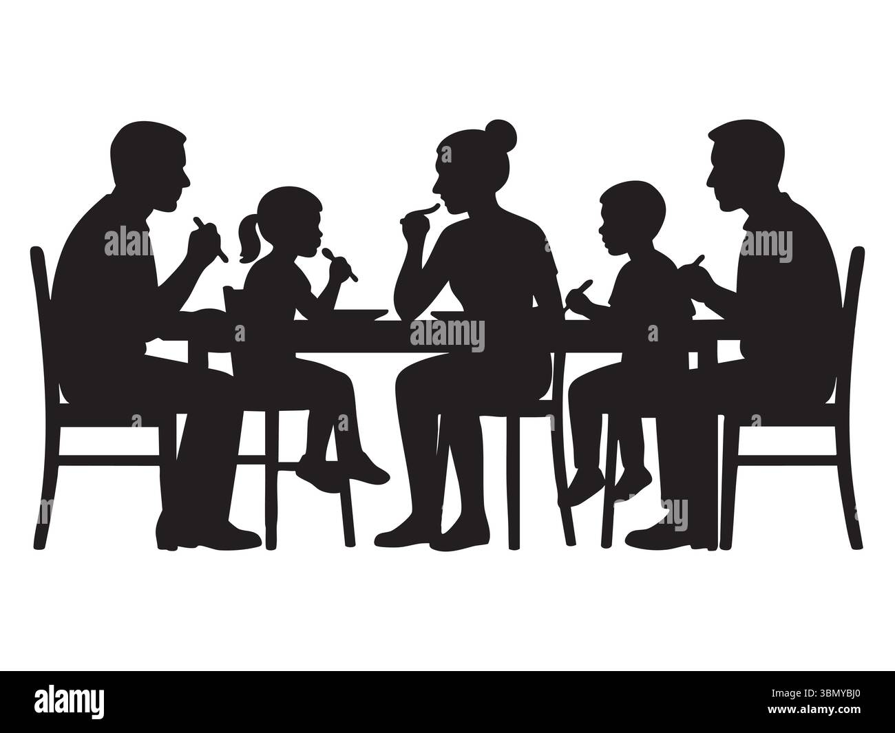Schwarze Silhouette des gemeinsamen Familienessens am Tisch, isoliert auf weißem Hintergrund, grafische Illustration. Konzept von Familienessen, Zweisamkeit, Eltern Stock Vektor
