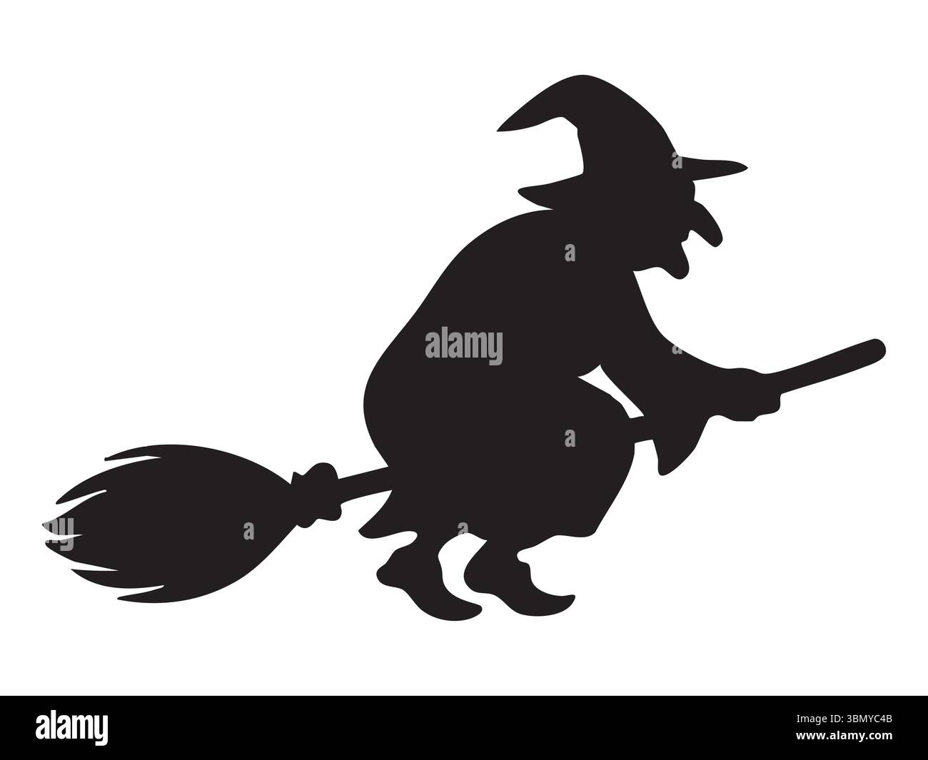 Schwarze Silhouette der Hexe, die auf Besen fliegt, isoliert auf weißem Hintergrund, halloween-Grafik-Illustration. Konzept von gruselig, magisch, Fantasy, Urlaub, Stock Vektor