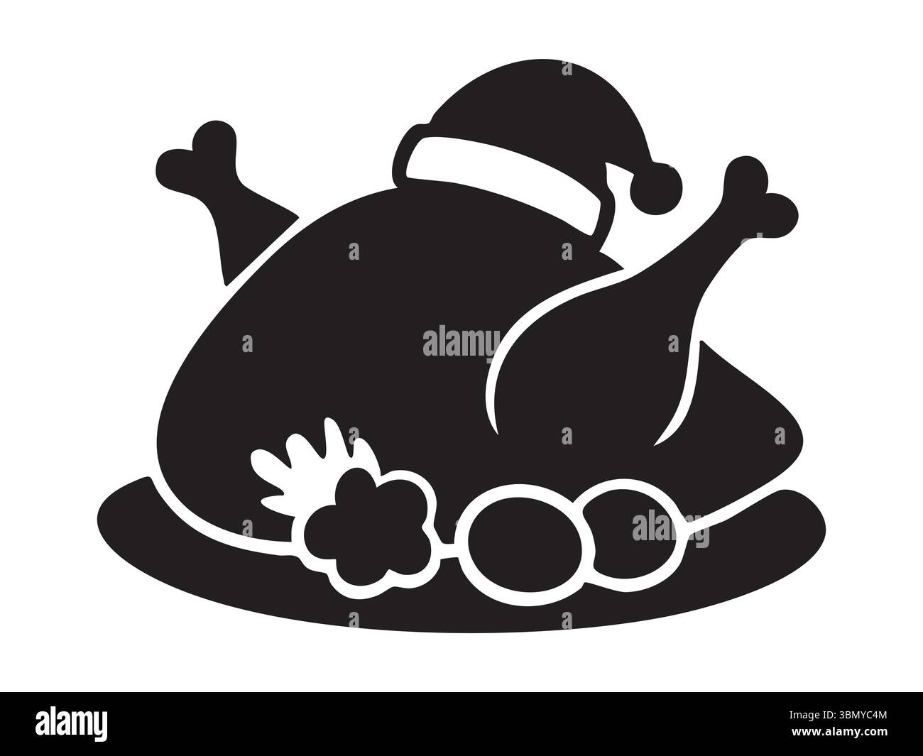 Schwarze Silhouette des gebratenen truthahns mit Ferienhut und Gemüse isoliert auf weißem Hintergrund, grafische Illustration. Das Konzept des festlichen Essens, Thanksgi Stock Vektor