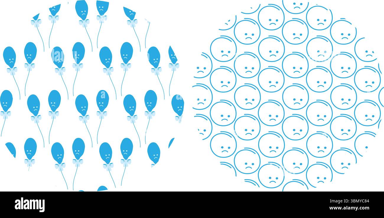 Blaue Ballons mit Band Schleife und unglücklichen Smileys nahtlosen Mustern auf Circle Hintergründen Set. Isolierte Vektorhintergründe Blaue Montag- oder Geburtstage Grußparty Einladungen, Banner, Flugblätter, Tag Stock Vektor