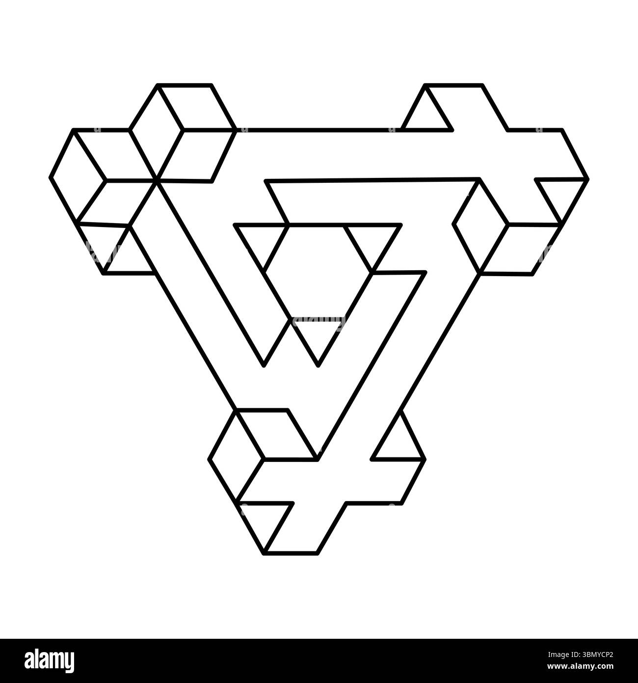 Optische Illusionsform, Dreieck, geometrisches Element, Vektorillustration. Unmögliches Objekt. Figur mit heiliger Geometrie. Strichgrafik. Stock Vektor