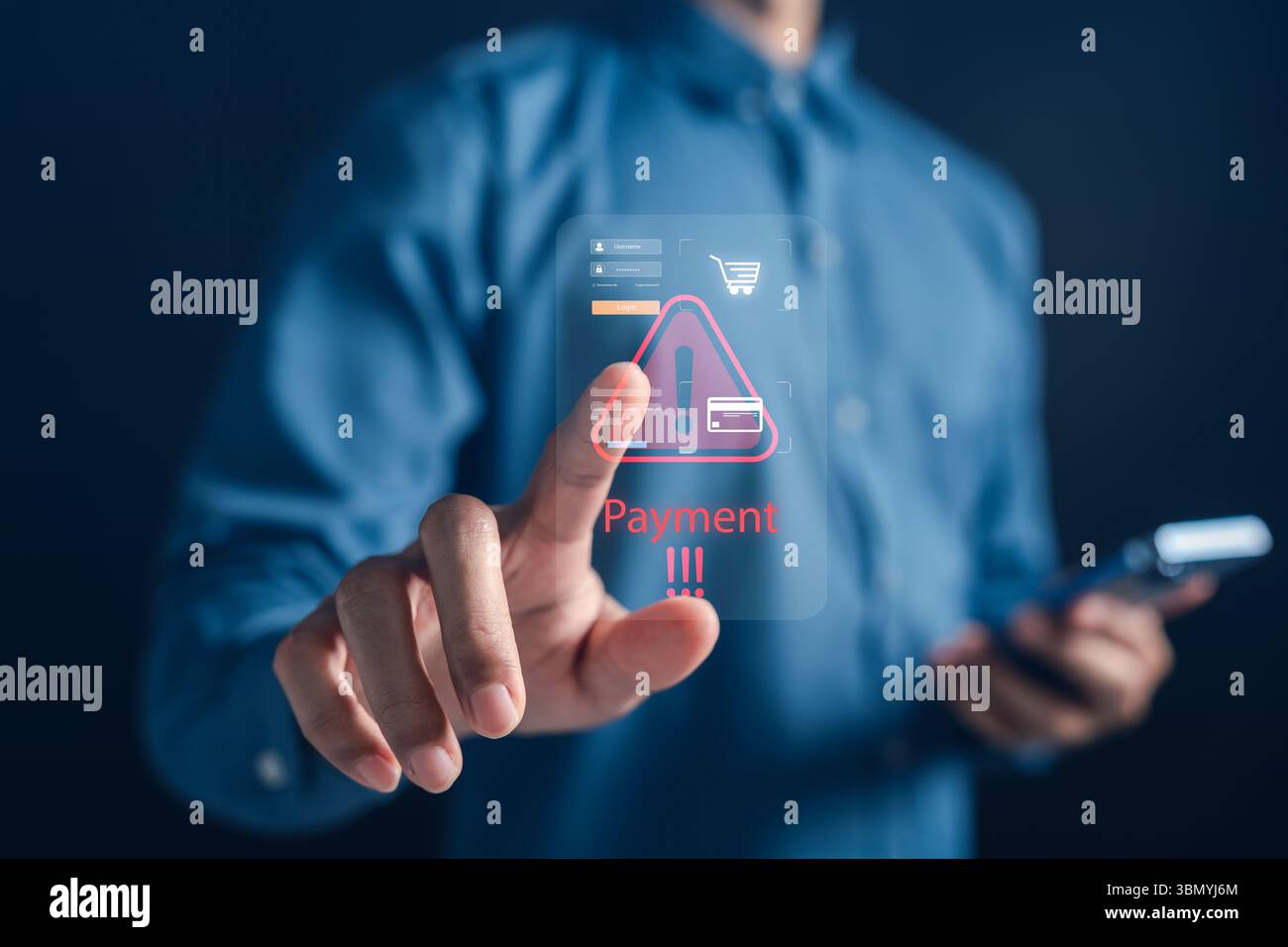 Warnmeldung bei Online-Zahlungsbetrug mit digitaler Schnittstelle, Sicherheitsbedrohungen und Betrugserkennung Stockfoto