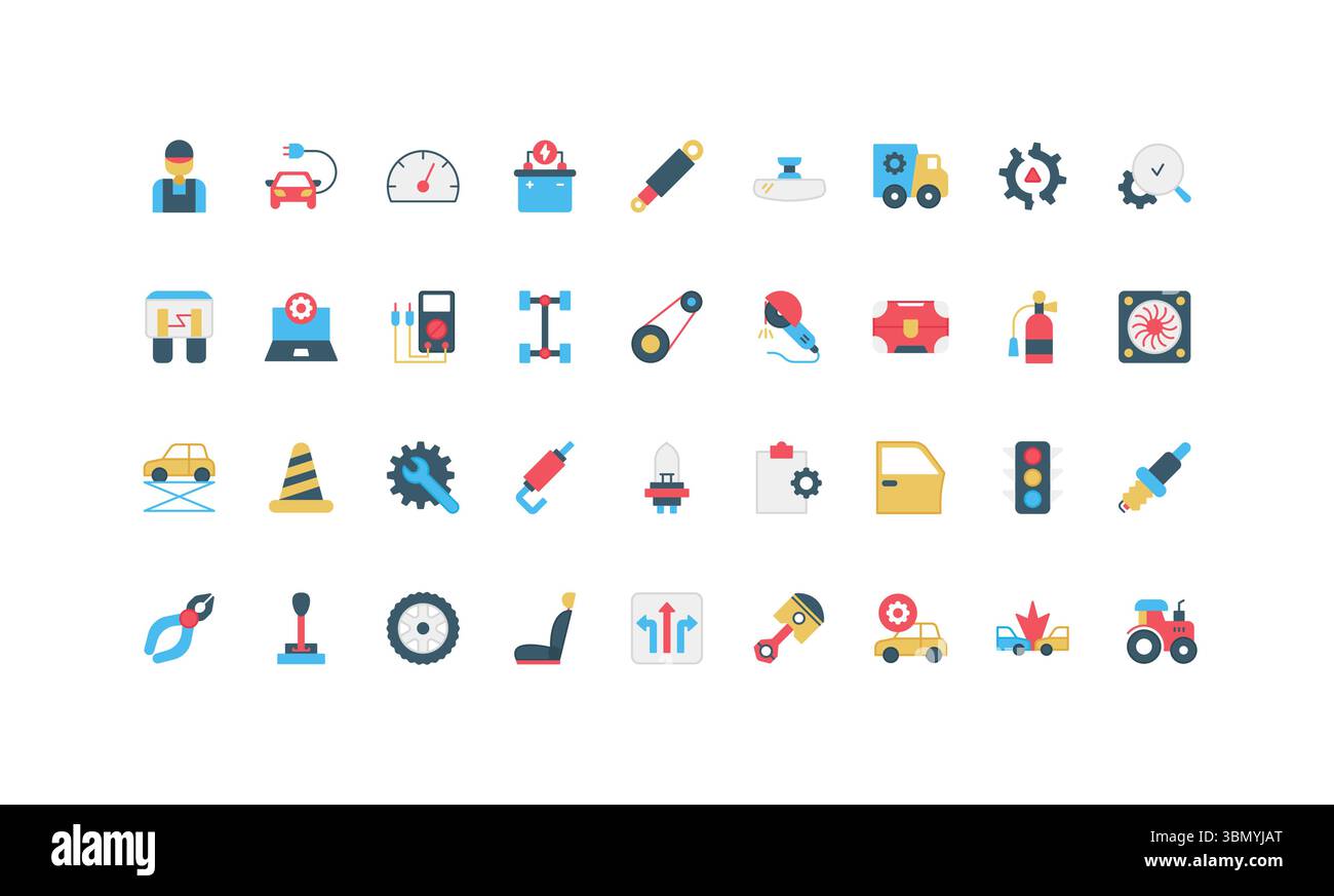 Ein umfangreicher Satz flacher Symbole, die verschiedene Service- und Wartungselemente des Fahrzeugs darstellen, einschließlich Werkzeuge, Fahrzeuge und mechanische Teile, die für die Vektorillustration von Automobilthemen entwickelt wurden Stock Vektor