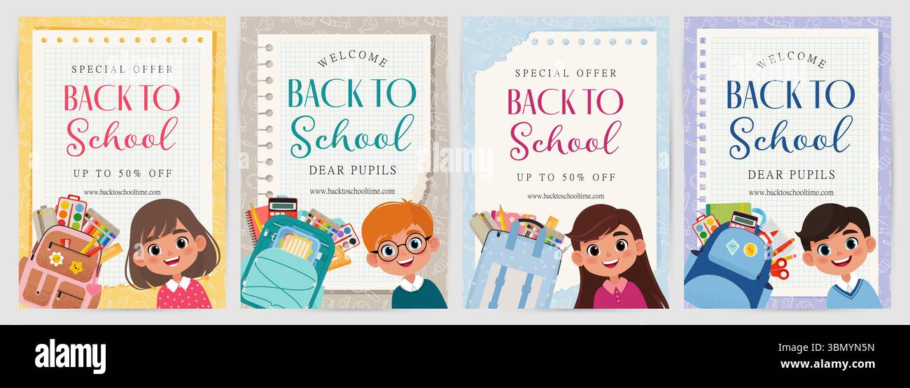 Back-to-School-Flyer oder Poster mit niedlichen Kinderporträts und Schulrucksäcken. Vektorabbildung in abgewickelter Form Stock Vektor