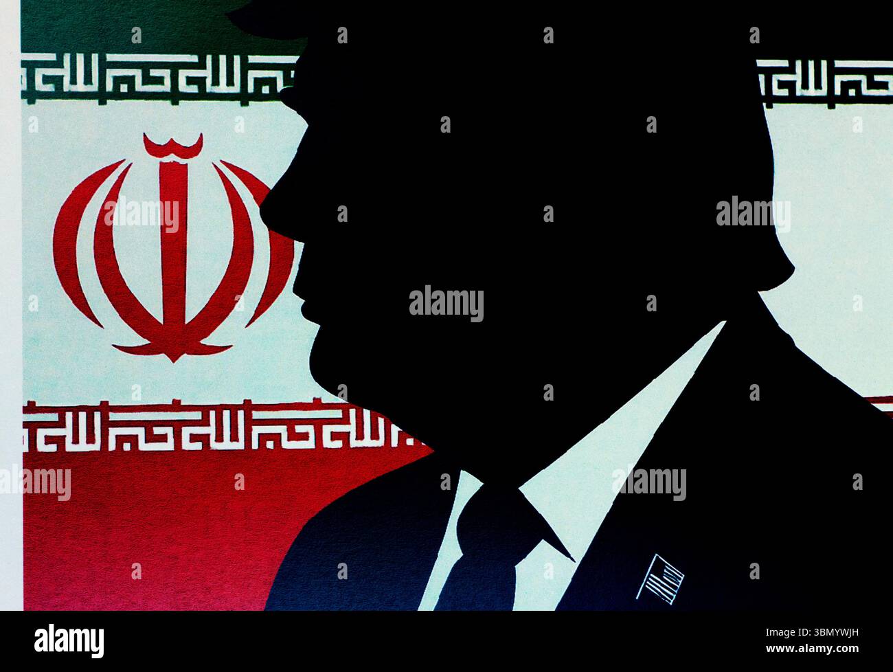 Mr. Trump Profil Silhouette mit der Iran Flagge als Hintergrund . Stockfoto