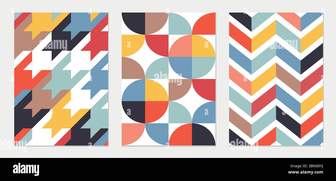 Poster mit abstraktem Muster und Hahnentritt, Zickzack und Chevron. Retro-Poster für Kinderzimmerdekor, Wohnzimmer, Spielzimmer. Stock Vektor