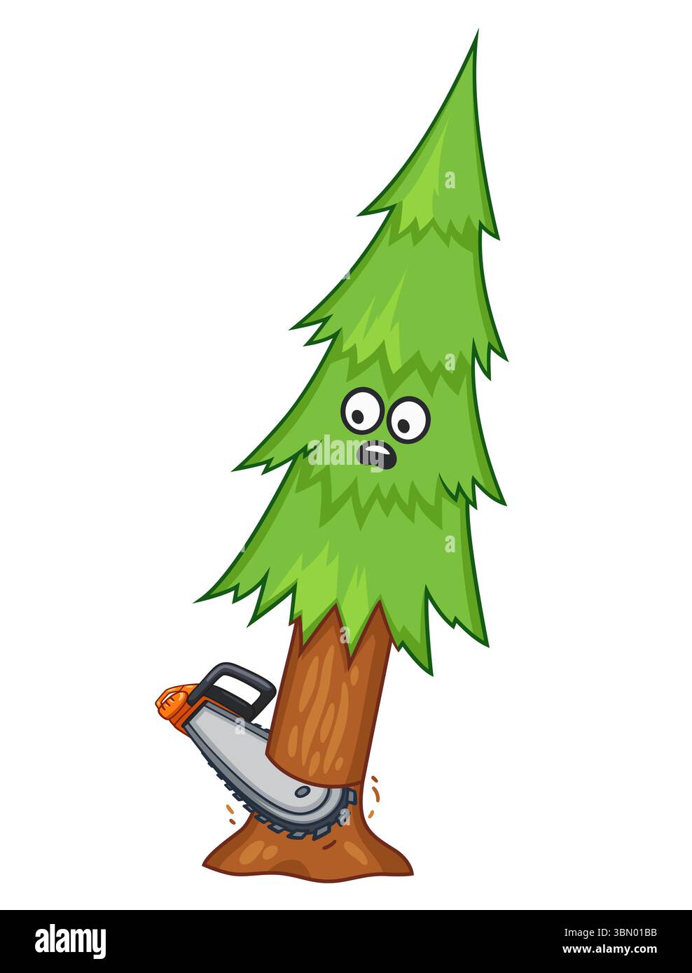 Tannencharakter mit ängstlichem Gesicht, der mit einer Kettensäge geschnitten wird. Illustration des Zeichentrickvektors. Stock Vektor