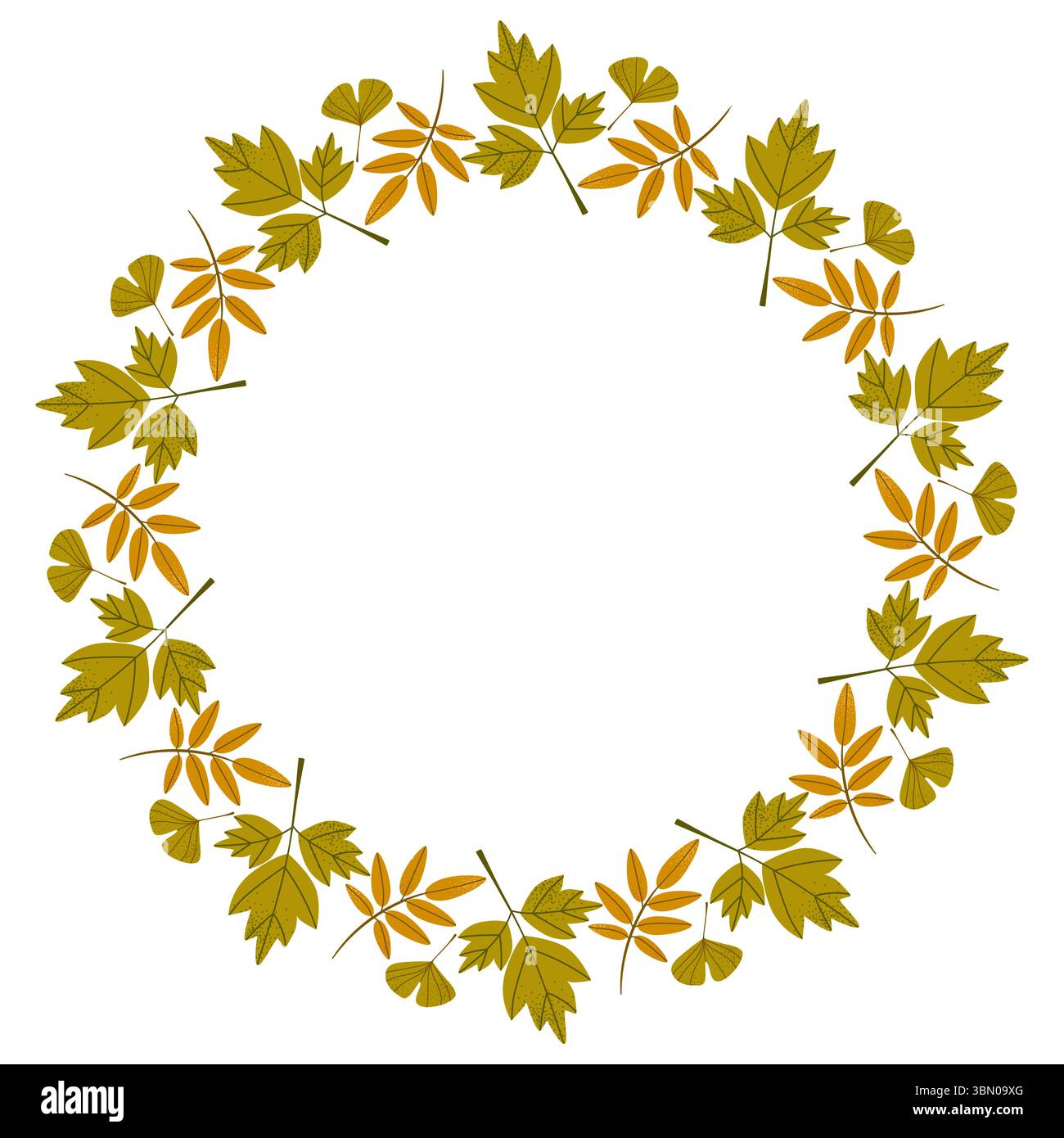 Vektorisolierter Rundrahmen von gelben trockenen Herbstblättern. Rahmen für Text. Flaches Clipart für Design Stock Vektor