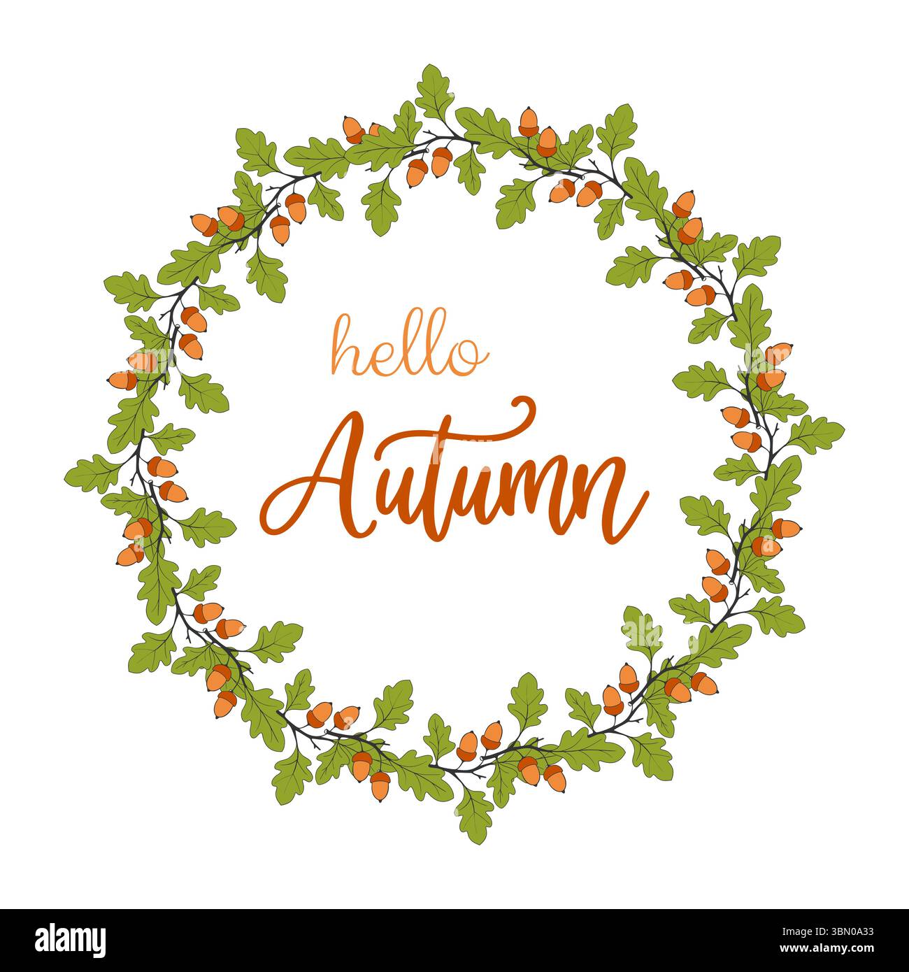 Hallo Herbsttext. Kranz aus Eichenholz auf Ast, schöne Eichenzweige mit Eichenfrüchten in Form eines runden Rahmens. Isoliert auf weißem Hintergrund. Vect Stock Vektor