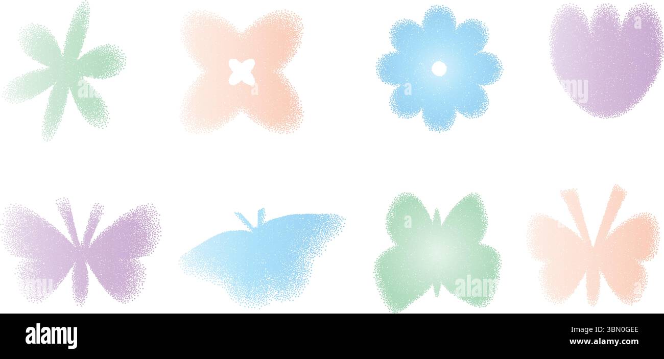 Grain farbenfrohes Pastellrauschen Farbverlauf Schmetterlinge und Blumen Formen Set. Y2K-Blumenformen. Graue Grunge-Schmetterling-, Tulpen- und Gänseblümchen-Symbole auf weißem Rücken Stock Vektor