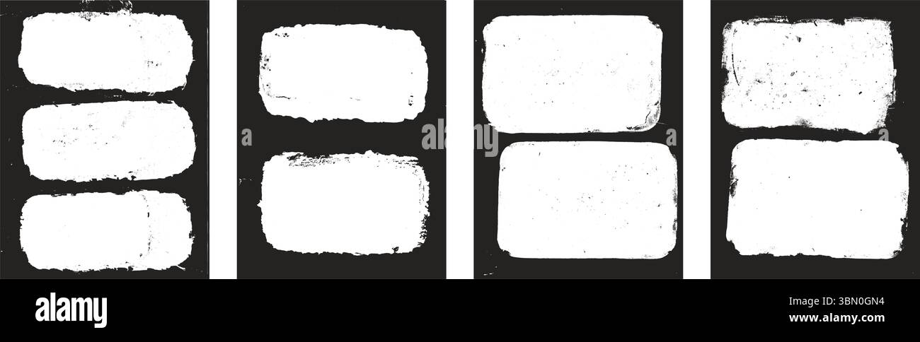 Grunge Fotorahmen legen Vorlagen fest. Farbrahmen mit rauen Kanten für Poster und Banner. Strukturierte Retro-Überzüge. Rechteckige alte schwarze Flyer auf t Stock Vektor