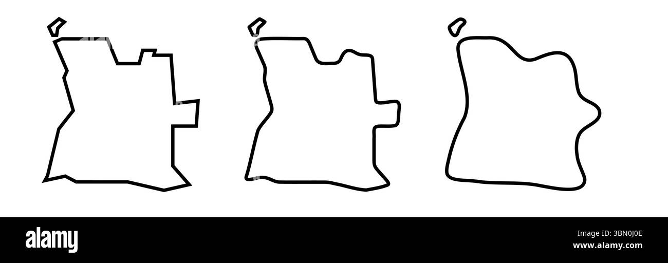 Angola Country Black umgibt Silhouetten in drei verschiedenen Ebenen der Glätte. Vereinfachte Karten. Vektorsymbole isoliert auf weißem Hintergrund. Stock Vektor