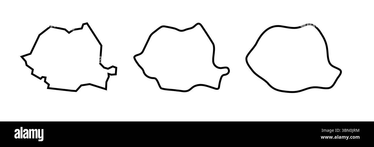Die schwarzen Umrisse Rumäniens in drei verschiedenen Stufen der Glätte. Vereinfachte Karten. Vektorsymbole isoliert auf weißem Hintergrund. Stock Vektor