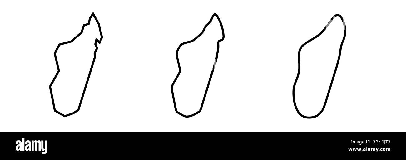 Madagaskar Country Black umrissen Silhouetten in drei verschiedenen Ebenen der Glätte. Vereinfachte Karten. Vektorsymbole isoliert auf weißem Hintergrund. Stock Vektor