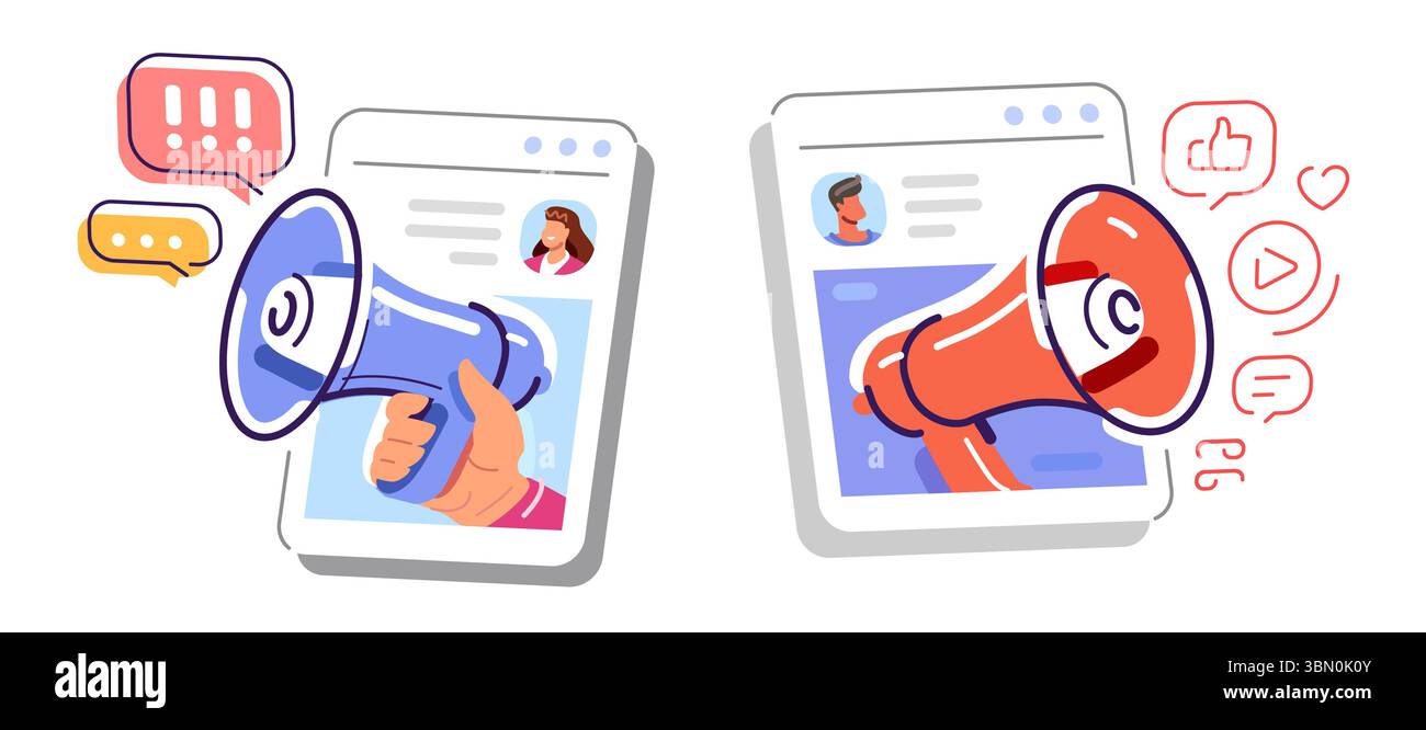 Online-Werbung oder -Werbung, digitales Marketing in sozialen Medien. Megaphon gibt wichtige Informationen bekannt Stock Vektor