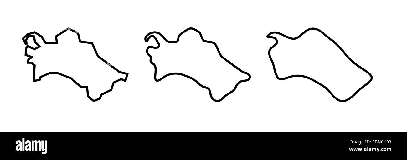 Türkmenistanisches Land mit schwarzen Umrissen in drei verschiedenen Ebenen der Glätte. Vereinfachte Karten. Vektorsymbole isoliert auf weißem Hintergrund. Stock Vektor