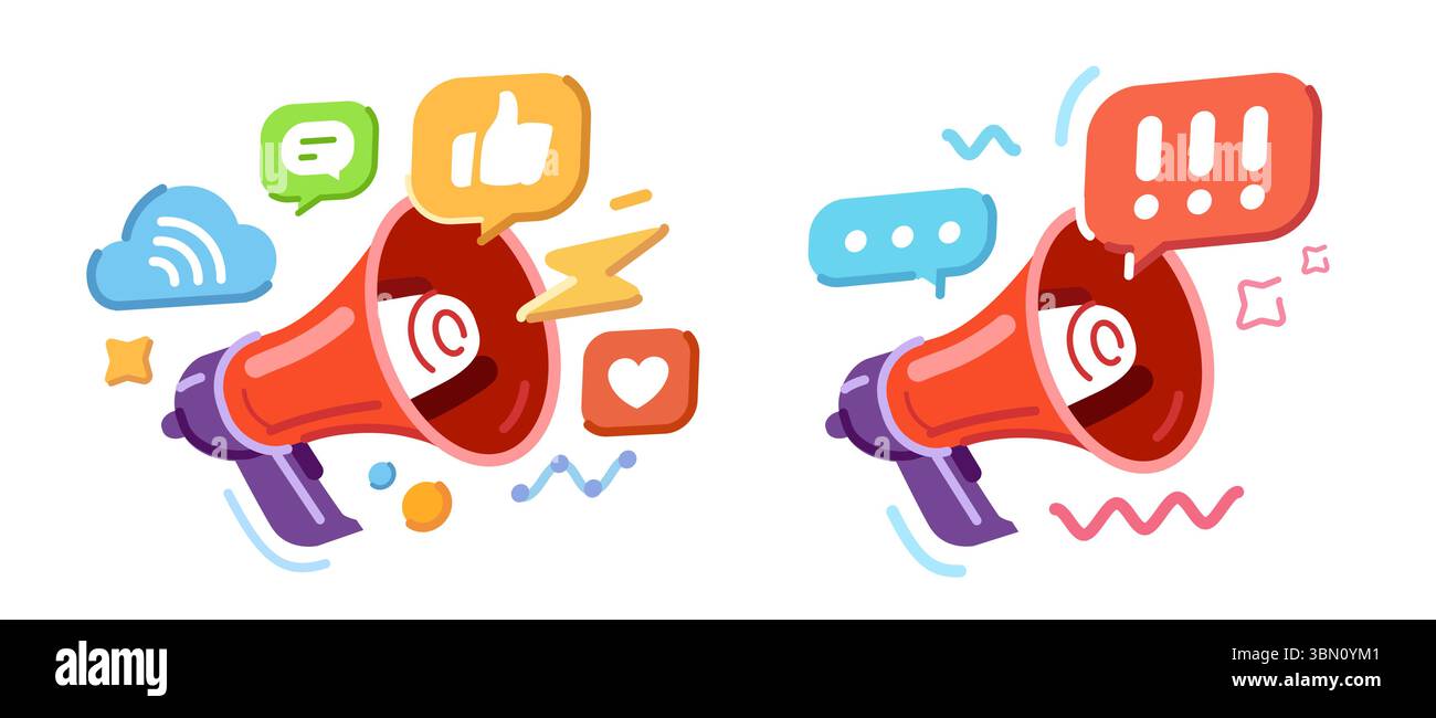 Megaphonlautsprecher gibt wichtige Informationen bekannt. Online-Werbung oder -Werbung, digitales Marketing in sozialen Medien Stock Vektor